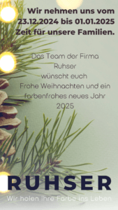 Wir haben von 23.12.2024 bis 01.01.2025 Weihnachtsferien